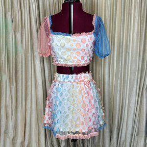 Storia two-piece floral mesh outfit, crop top puff sleeve, mini-skirt, size M